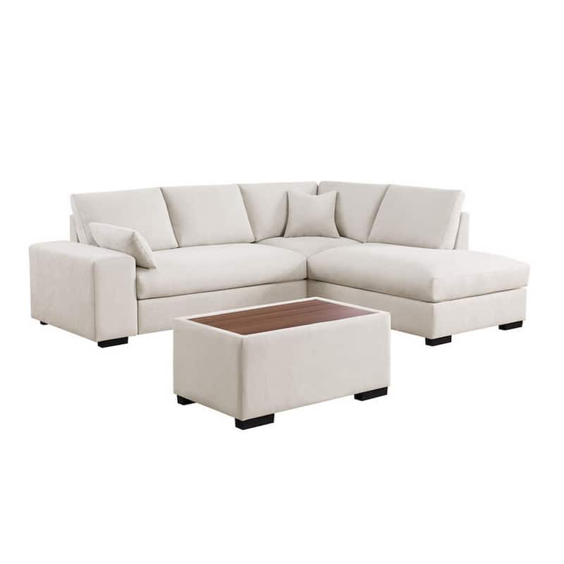 Eri 100 Inch Sectional Sofa, Right Facing Chaise, Ottoman, Pillows, Beige