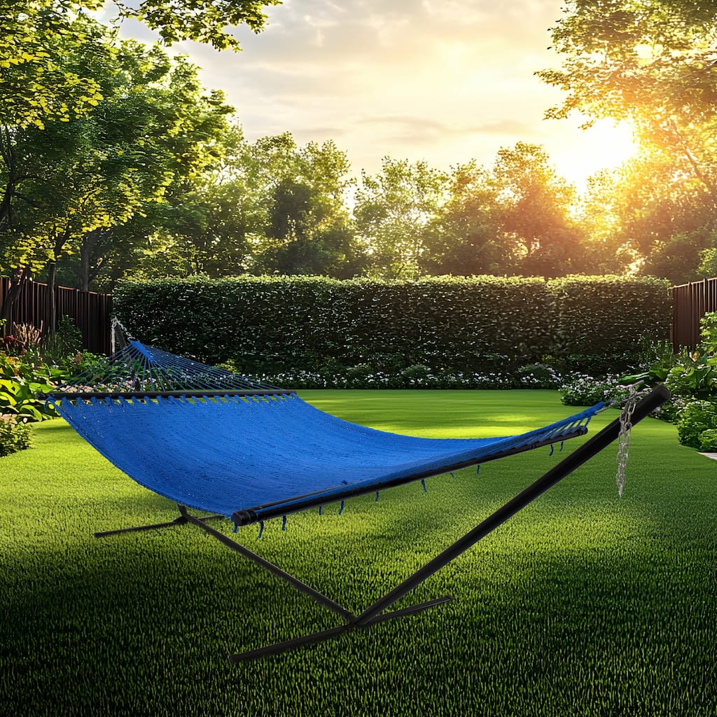 Sunnydaze 2-Person Soft-Spun Polyester Rope Hammock with Stand - Blue
