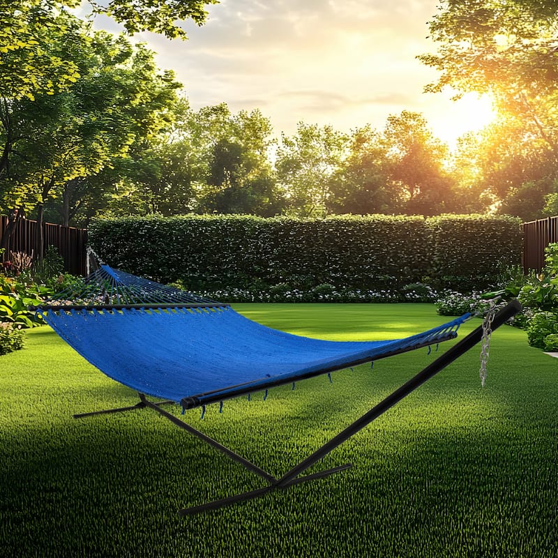 Sunnydaze 2-Person Soft-Spun Polyester Rope Hammock with Stand - Blue