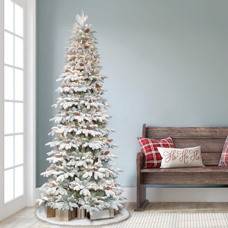 Puleo International 7.5 ft. Pre-Lit Flocked Slim Montville Spruce Artificial Christmas Tree