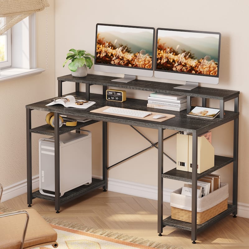 55 Inch Dual Monitor Computer Desk with Adjustable Shelves - Charcoal
