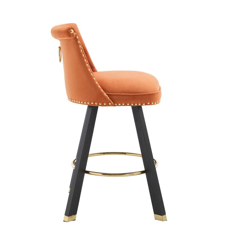 Versatile Velvet Tufted Bar Chairs Set of 2 Swivel Bar Stools with Back Pull Ring, Rivet Decoration and Wooden Square Foot