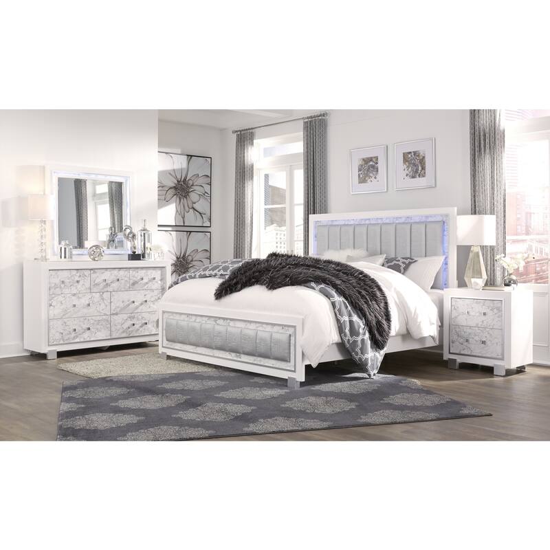 Modern Bed with LED Headboard - Queen Size Platform Bed Frame, White Finish