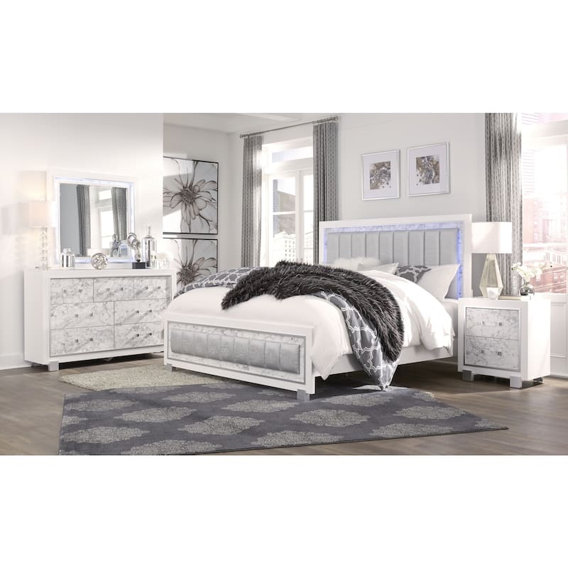 Modern Queen Bed with Lights - Upholstered Bedroom Furniture, White Finish, Faux Marble Accents
