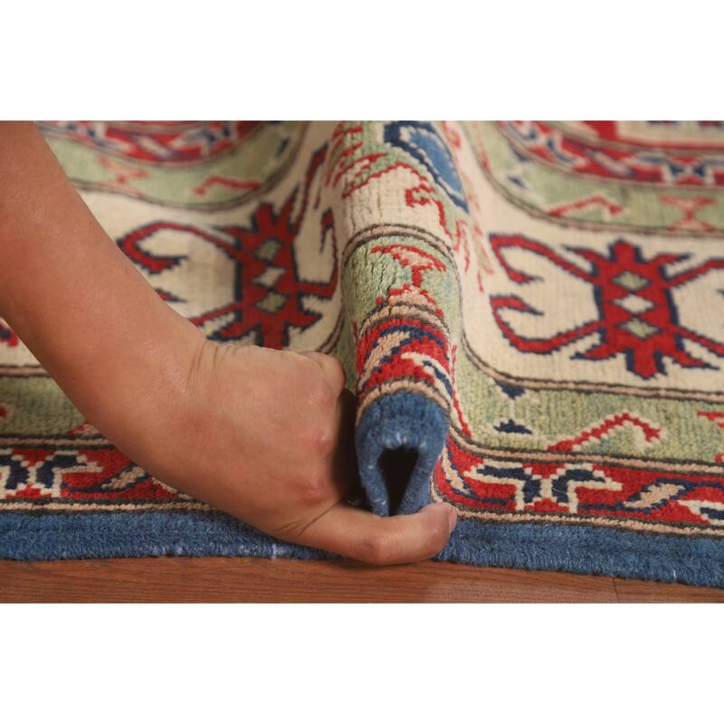 Blue Geometric Kazak Oriental Rug Handmade Traditional Wool Carpet - 6'8" x 10'1"