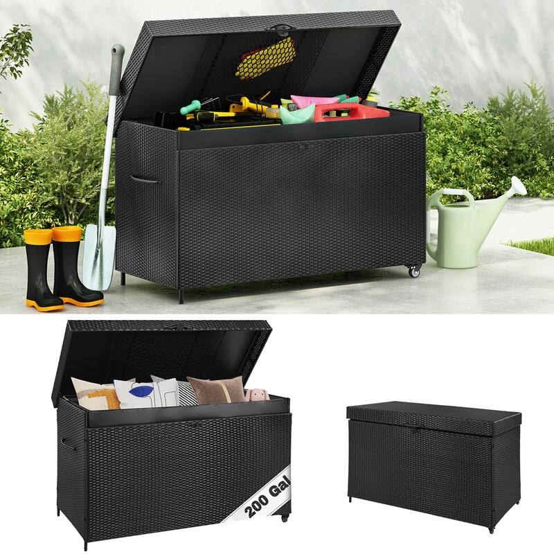 200 Gallon Wicker Deck Box with Wheels, All-Weather Outdoor Storage Box, Rattan Storage Bin for Patio Furniture - N/A - Black