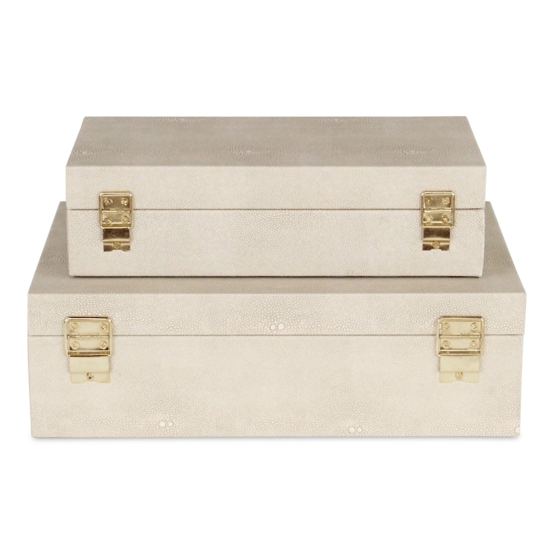 Set of 2 White Rectangular Faux Shagreen Decorative Box with Handles 11.75"