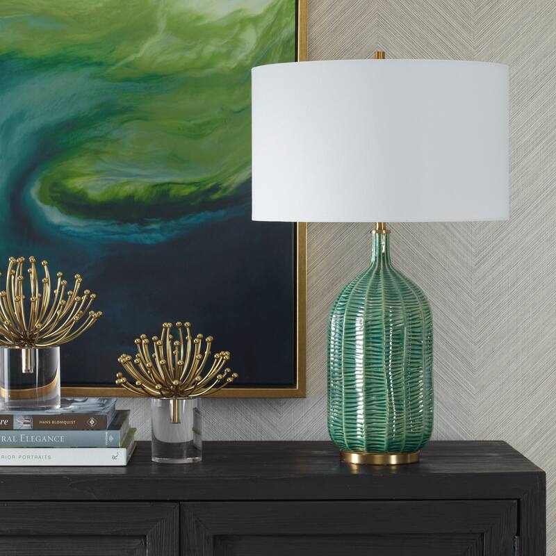 Ceramic Table Lamp with White Round Shade - 24.5" - Green