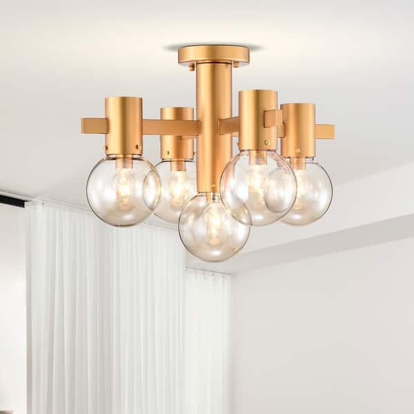 slide 2 of 10, 18" Wellmian 5-Light Matte Gold Semi-Flushmount Ceiling Lamp Mini Glass Globe Shades