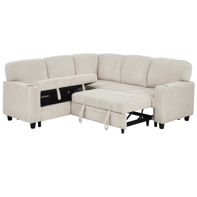 5-Seat Corduroy Storage Sectional Sofa Sleeper Couch with Pull-Out Bed