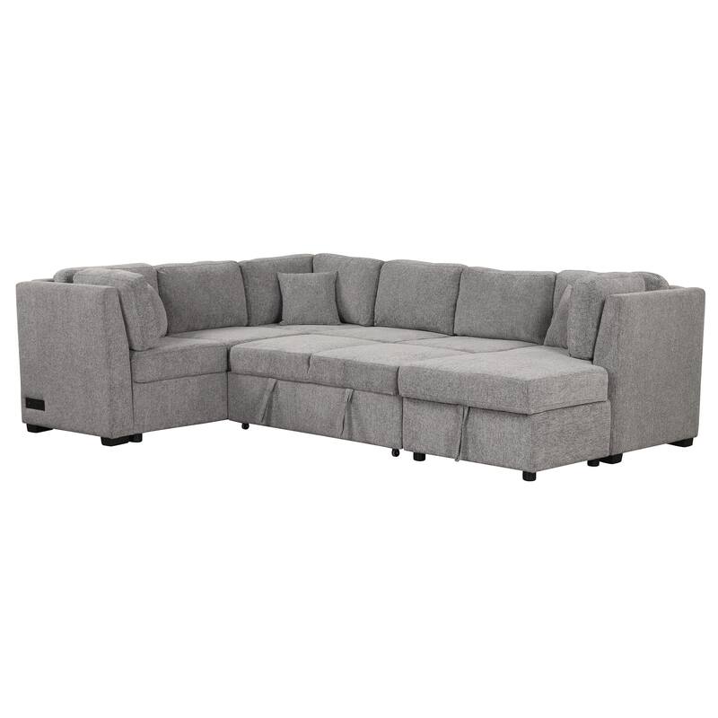 108.6" U-shaped Sectional Sofa Pull out Sofa Bed with Two USB Ports, Two Power Sockets, Three Pillows and a Storage Chaise