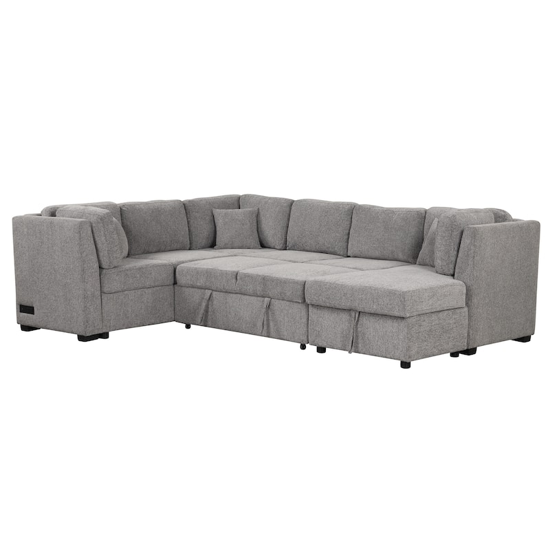 Roomfitters U-Shaped Sectional Sofa Pull-Out Bed with USB Ports, Power Sockets, Three Back Pillows, and Storage Chaise