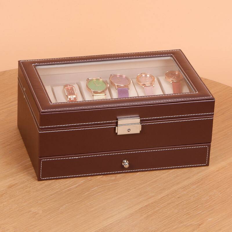 Multipurpose Watch Box 12 Slots 2 Layers Display Case with Clear Top