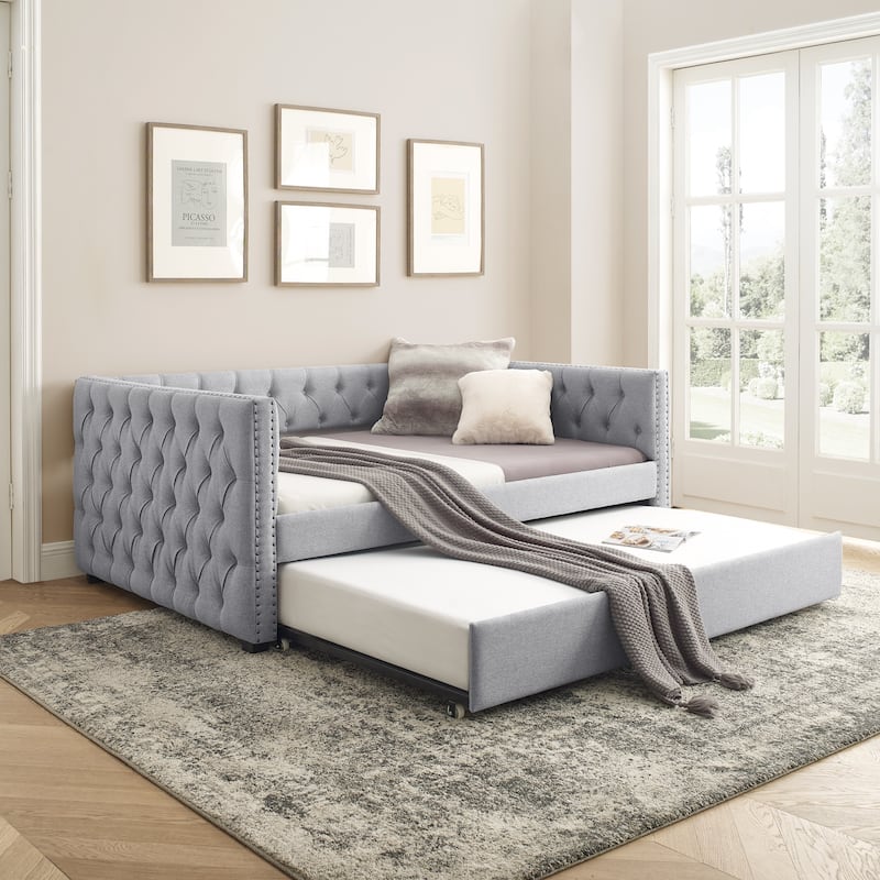 Full Size Daybed with Twin Trundle Sofa Bed, with Button and Copper Nail on Square Arms, Grey - Grey