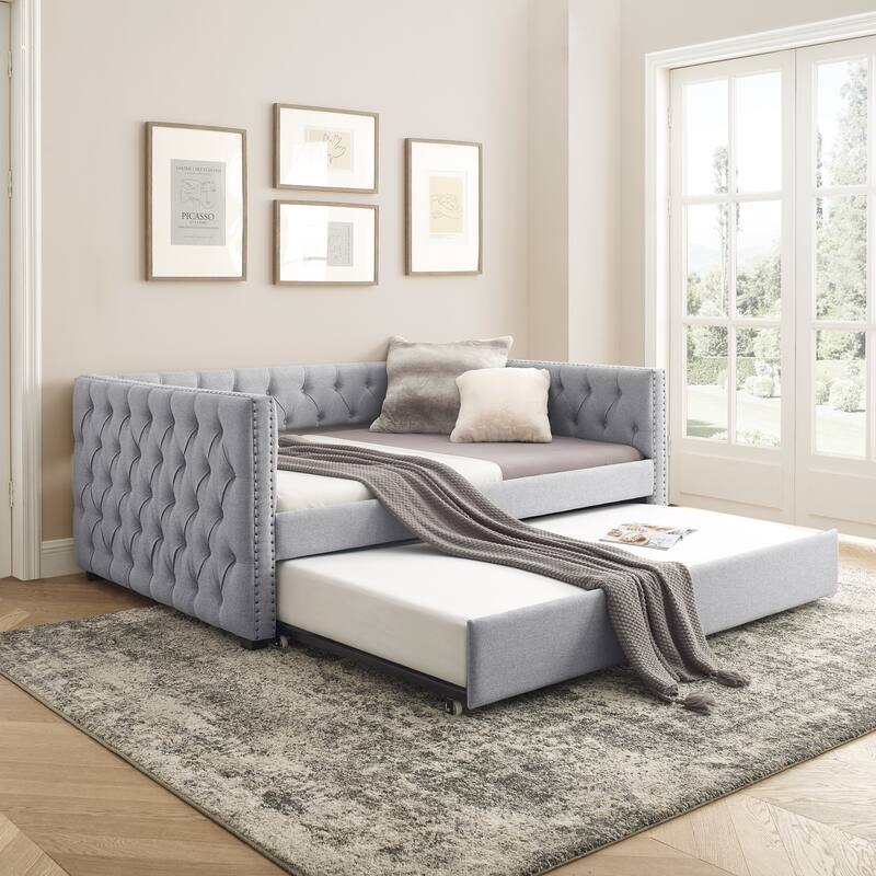 Tufted Daybed Upholstered Frame Sofa Bed with Button Copper Nail on Square Arms, and Pull-out Trundle Bed or Storage Drawers - Grey with Trundle - Full