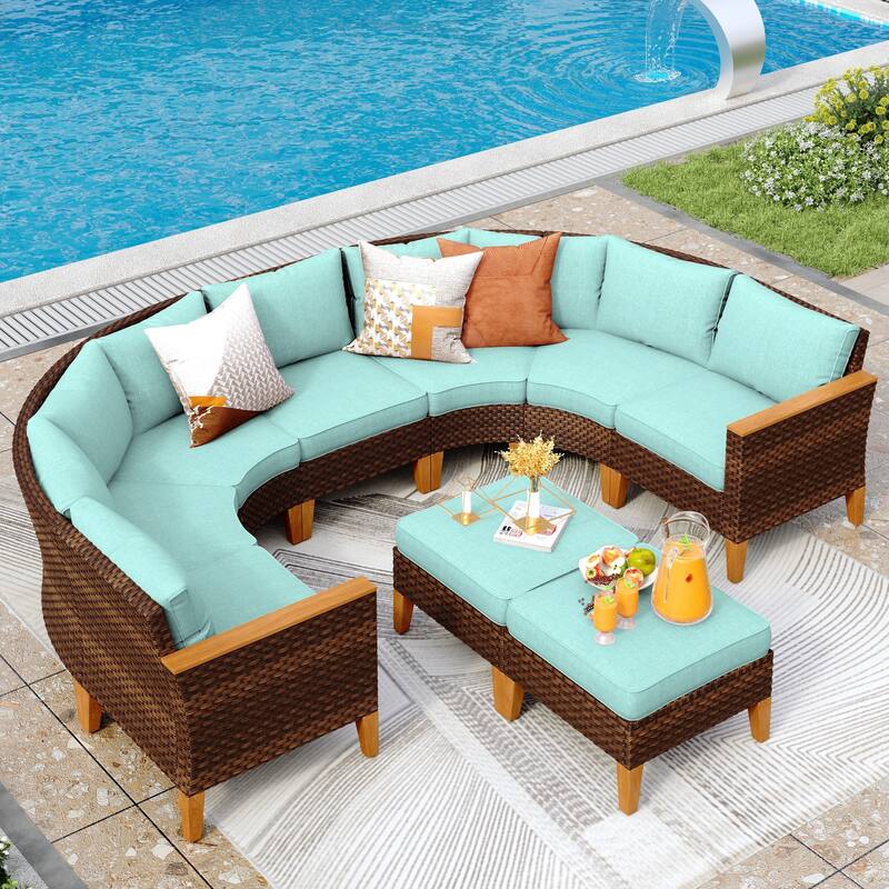 12-Seat Outdoor Wicker Half-Round Furniture Set, Half-Moon Sectional Sofa All Weather Curved Conversation Set - 9-Seat - Type D