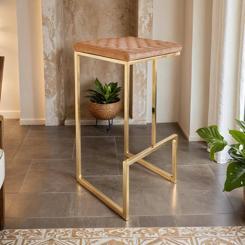 Quincy Modern Leather Barstool with Upholstered Square Seats in Gold Metal & Footrest for Home Bar & Kitchen Counter