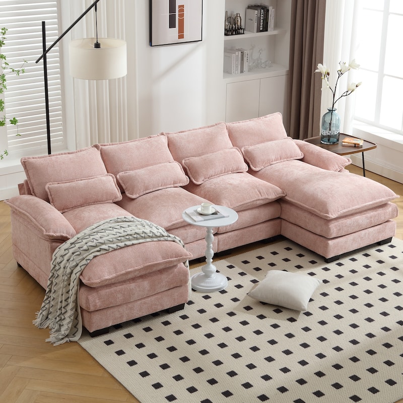 Chenille Upholstered U-Shaped Living Room Sectional Sofa With Wooden Legs - Pink