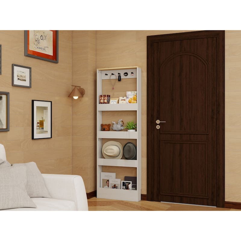69" Tall Bookcase with 4 Shelves and 5 hooks, Wall Mounted Space-Saving Narrow storage cabinet for Living Room