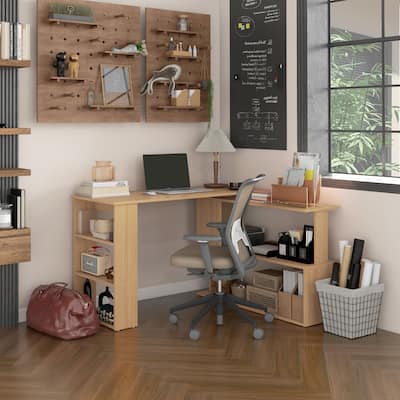 Corner Computer Desk Natural L Shaped Corner Desk with Storage Shelves