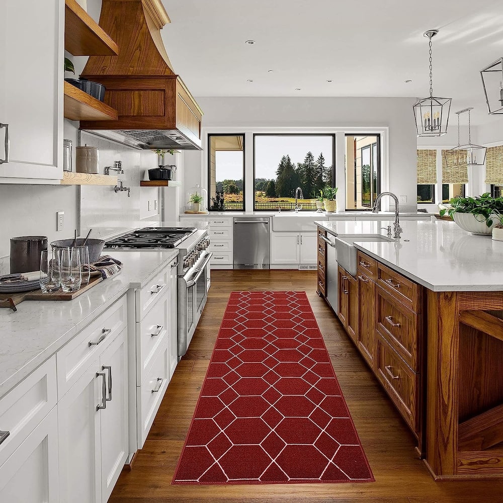 Custom Size Hexagon Design Brown,Gray,Red Color Non-Slip Rubber Backing-26 Inch WidexYour Choice of Length Runner Rug
