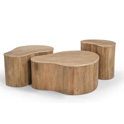 Modern Matador Modern Travertine Marble & Wood Freeform Coffee Table Set