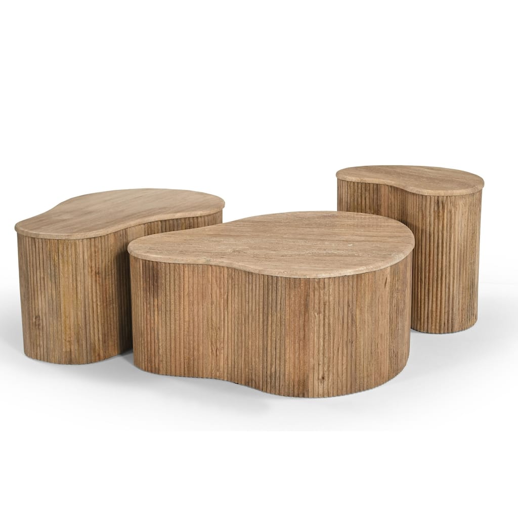 Modern Matador Modern Travertine Marble & Wood Freeform Coffee Table Set