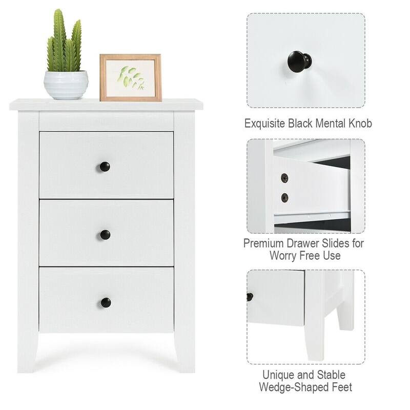Costway 1PC/2PCS Nightstand End Beside Sofa Table w/ 3 Drawers Bedroom