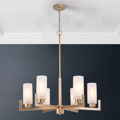 Modern Gold 6-Light Wagon Wheel Glass Chandelier for Dining Room - D27.6" x H30.7"