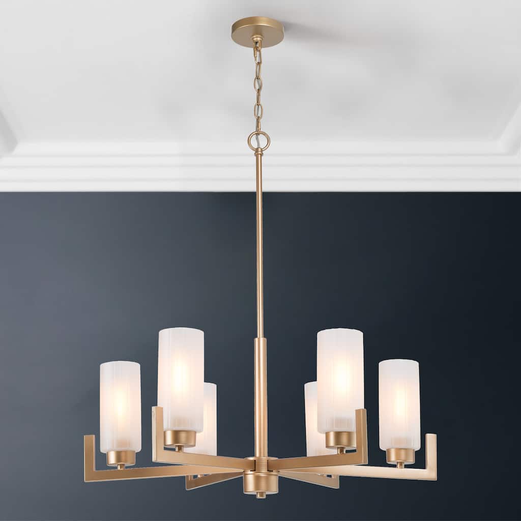 Modern Gold 6-Light Wagon Wheel Glass Chandelier for Dining Room - D27.6" x H30.7"