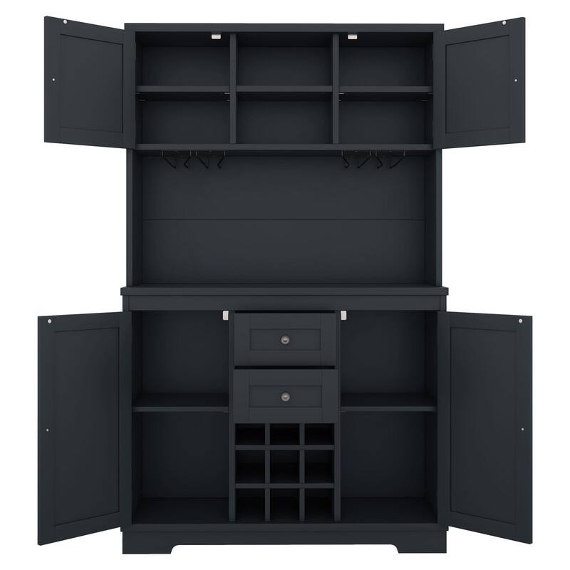 Farmhouse Home Bar Wine Storage Cabinet, Buffet Sideboard Kitchen Pantry with Adjustable Shelves, Drawers & Wine Glass Racks