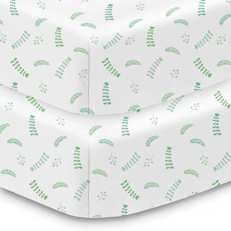 BreathableBaby Cotton Percale Fitted Sheet, For 52" x 28"/132 x 71 cm Crib & Toddler Bed Mattress, Prints (2-Pack) - Botanical Leaves