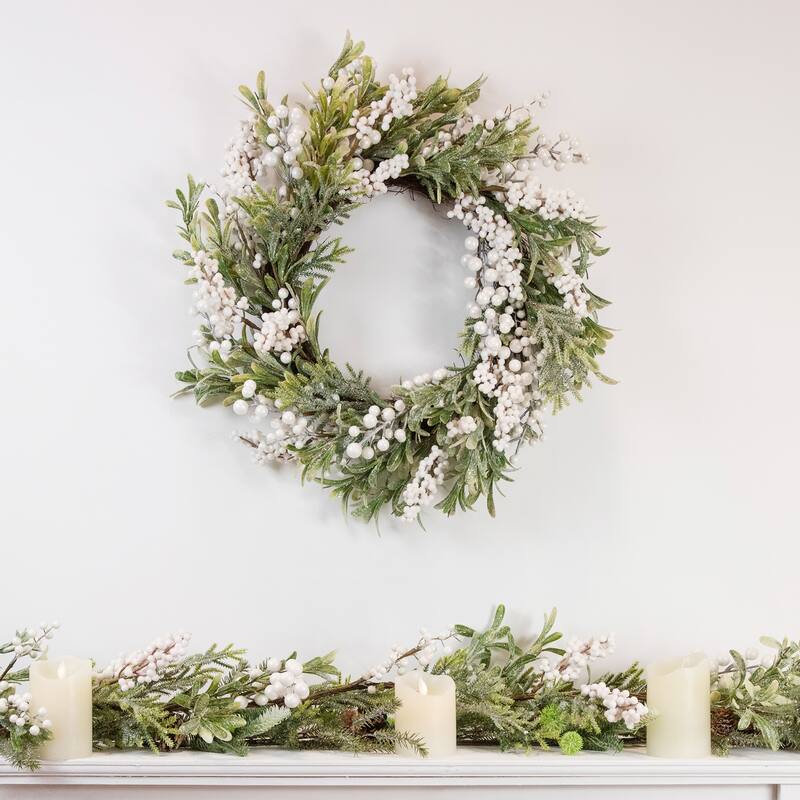 Artificial Christmas Wreath with Frosted Foliage Berries 20 Inch Unlit
