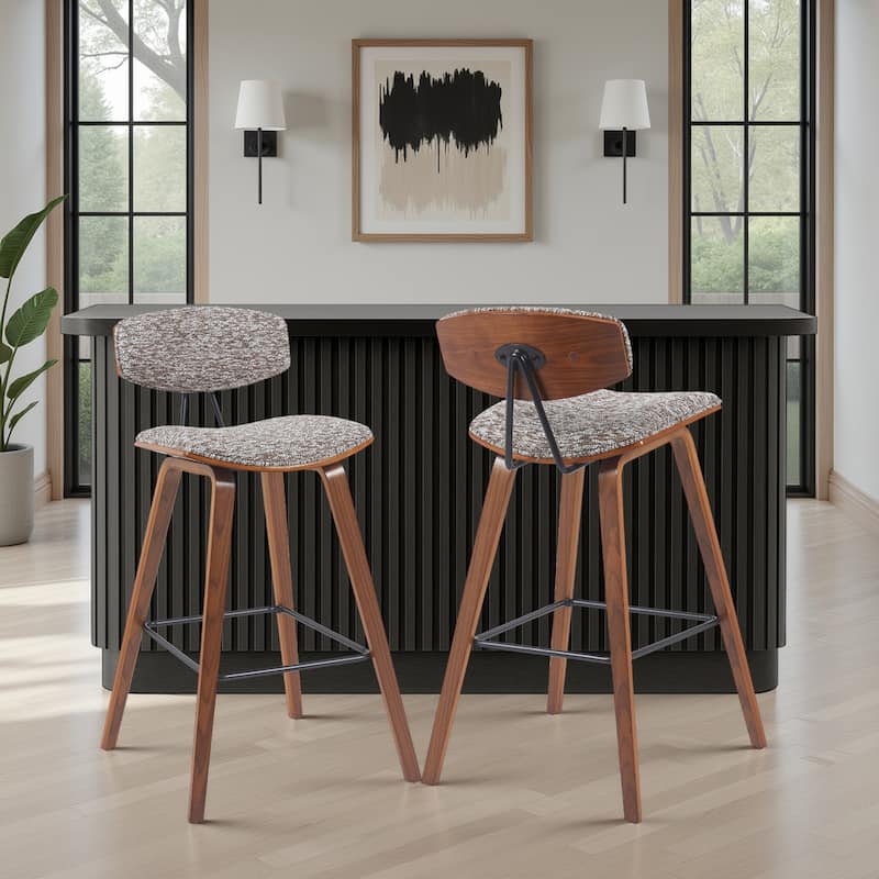 Fox Mid-Century Bar Stool, Upholstered Counter Height Chair with Bentwood Legs - Set of 2 - Speckled Brown Fabric & Walnut - Bar Height
