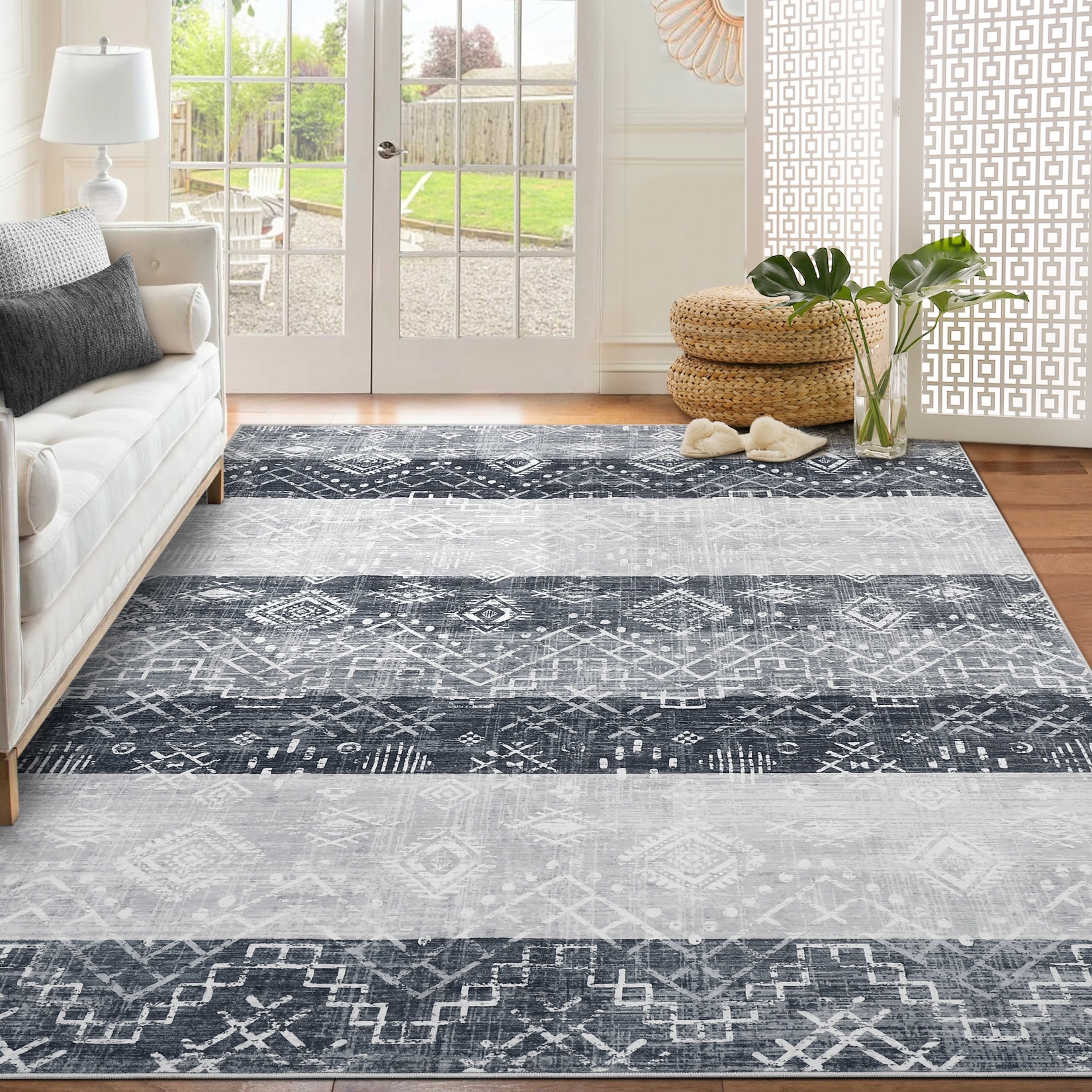 Area Rug Boho Geometric Washable Rugs for Living Room Farmhouse Non-Slip Low Pile Bedroom Carpet