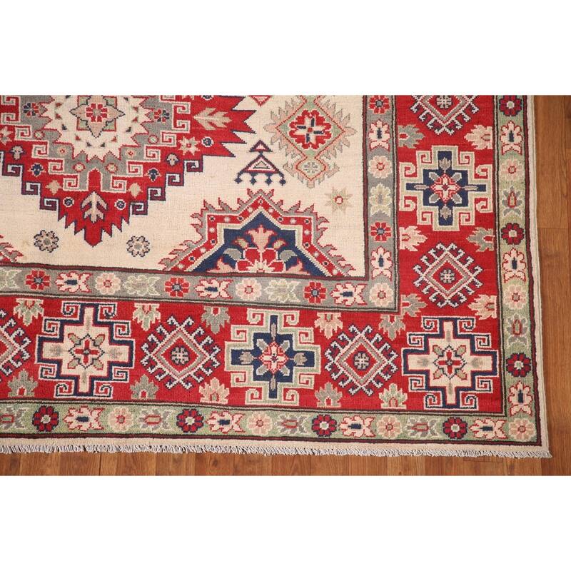 Geometric Kazak Area Rug Hand-Knotted Living Room Wool Carpet - 6'11" x 9'9"