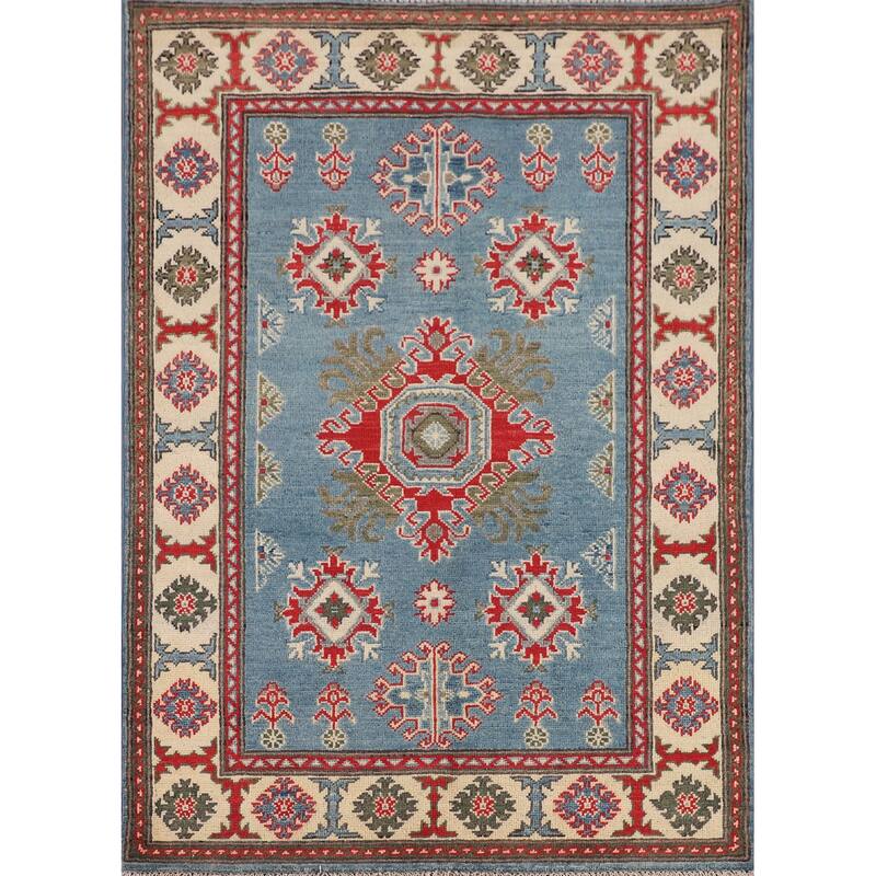 Blue Geometric Kazak Foyer Rug Hand-Knotted Oriental Wool Carpet - 3'4" x 4'11"
