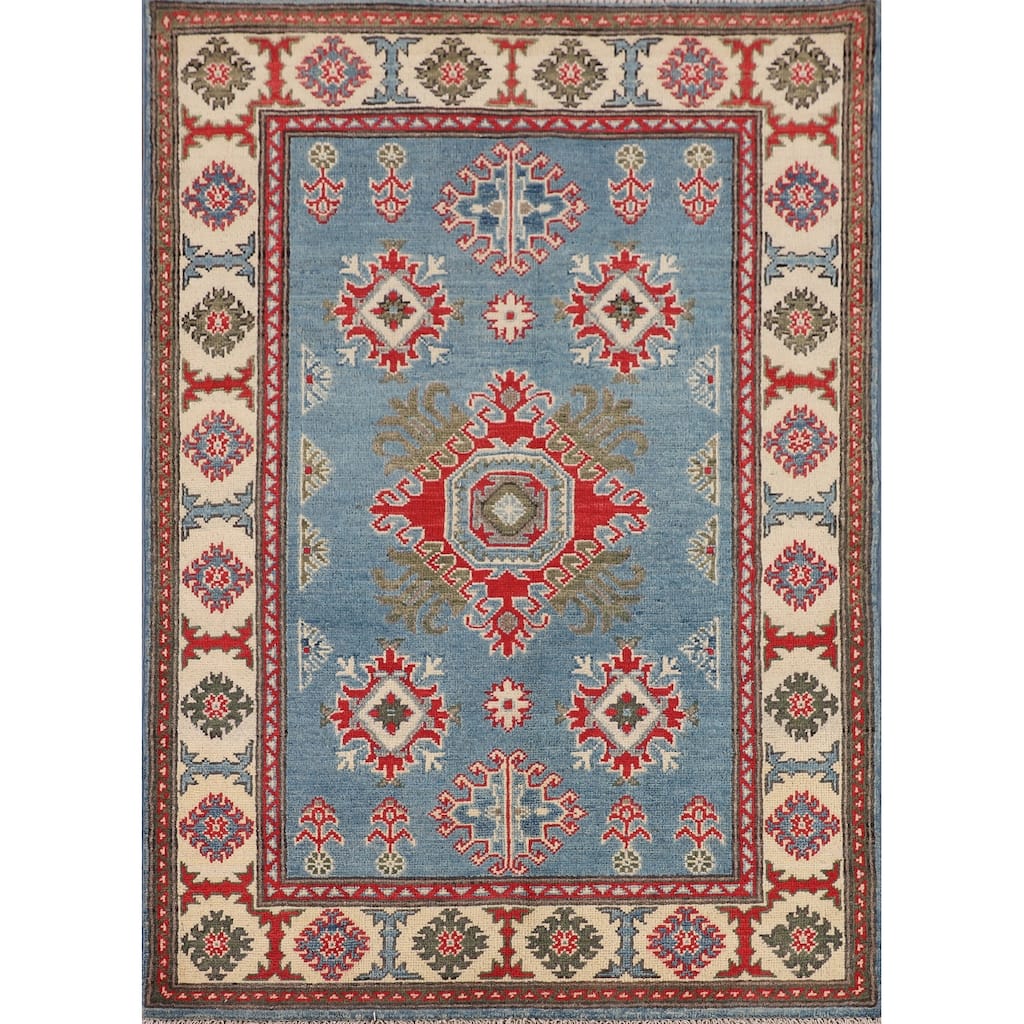 Blue Geometric Kazak Foyer Rug Hand-Knotted Oriental Wool Carpet - 3'4" x 4'11"