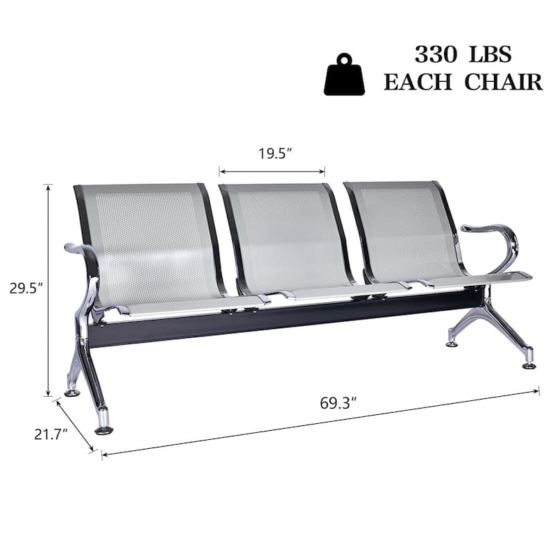 Kinbor 3-Seat Airport Reception Waiting Chair Bank Salon Barbershop Bench Guest Chair