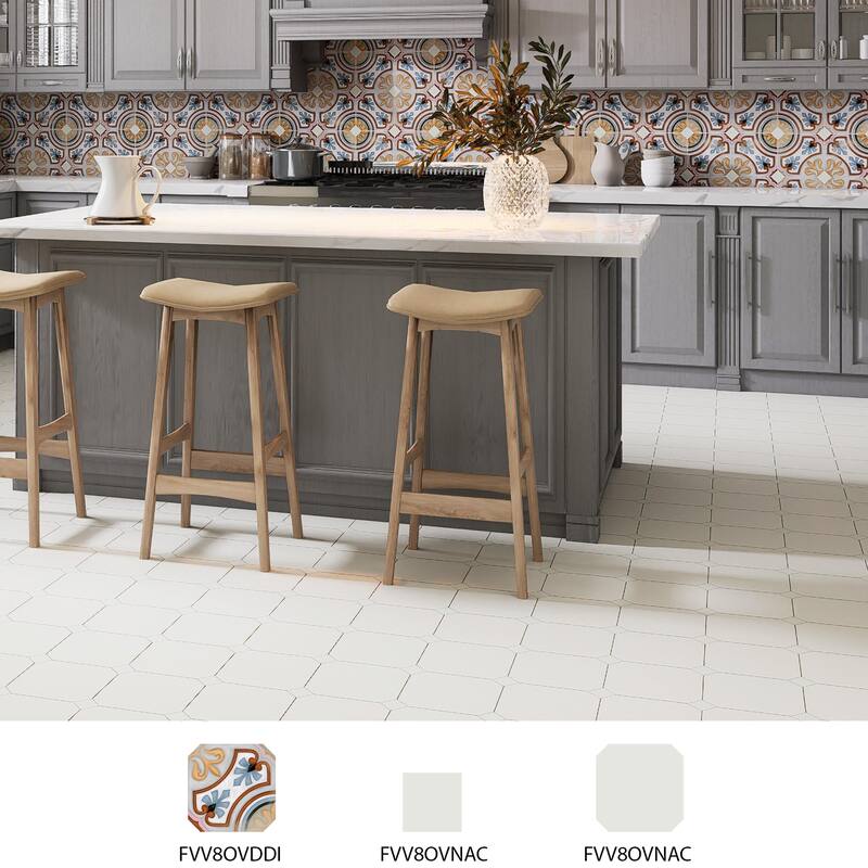 Merola Tile Vaudeville Octagon Deco Diglas with Taco Nacar 7-7/8" x 7-7/8" Porcelain Floor and Wall Tile