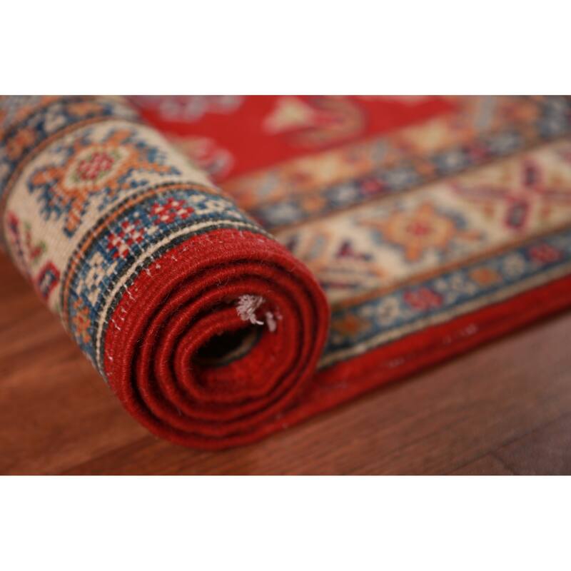 Red Geometric Kazak Foyer Rug Hand-Knotted Wool Carpet - 2'7"x 4'0"