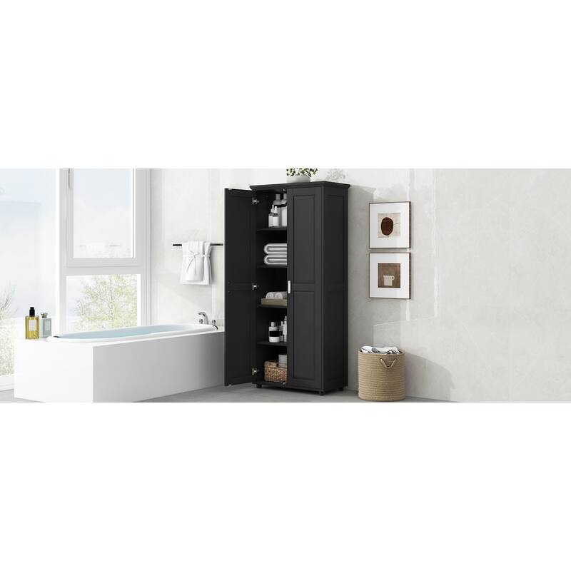 Roomfitters Tall 2-Door Storage Cabinet with 5-Tier Adjustable Shelves, Modern MDF Linen Tower for Bathroom & Office, Black