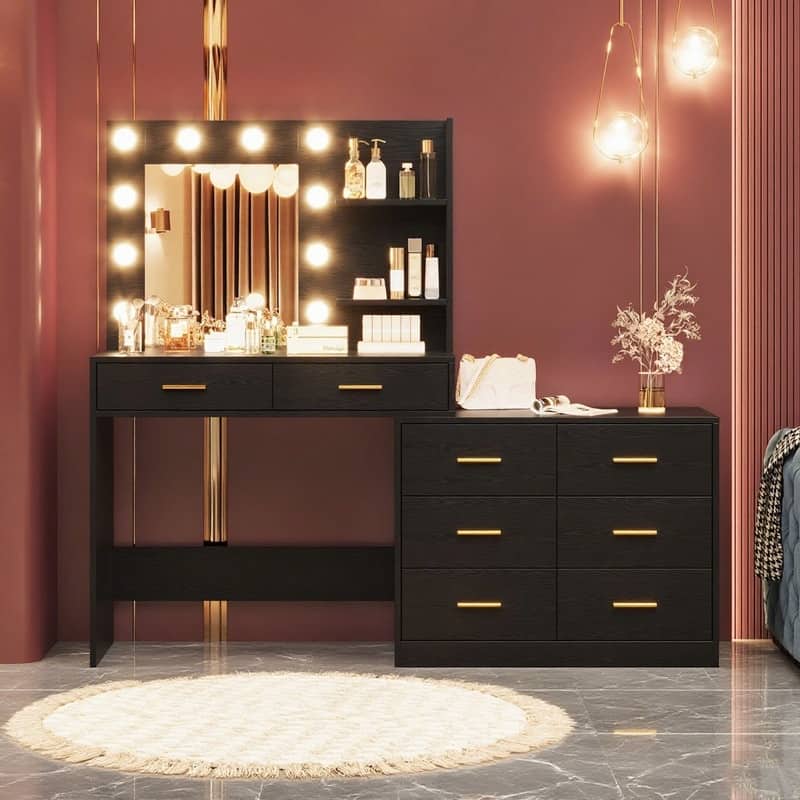 61" Makeup Vanity Desk with Mirror and Lights, 8 Drawers, 2 Shelves