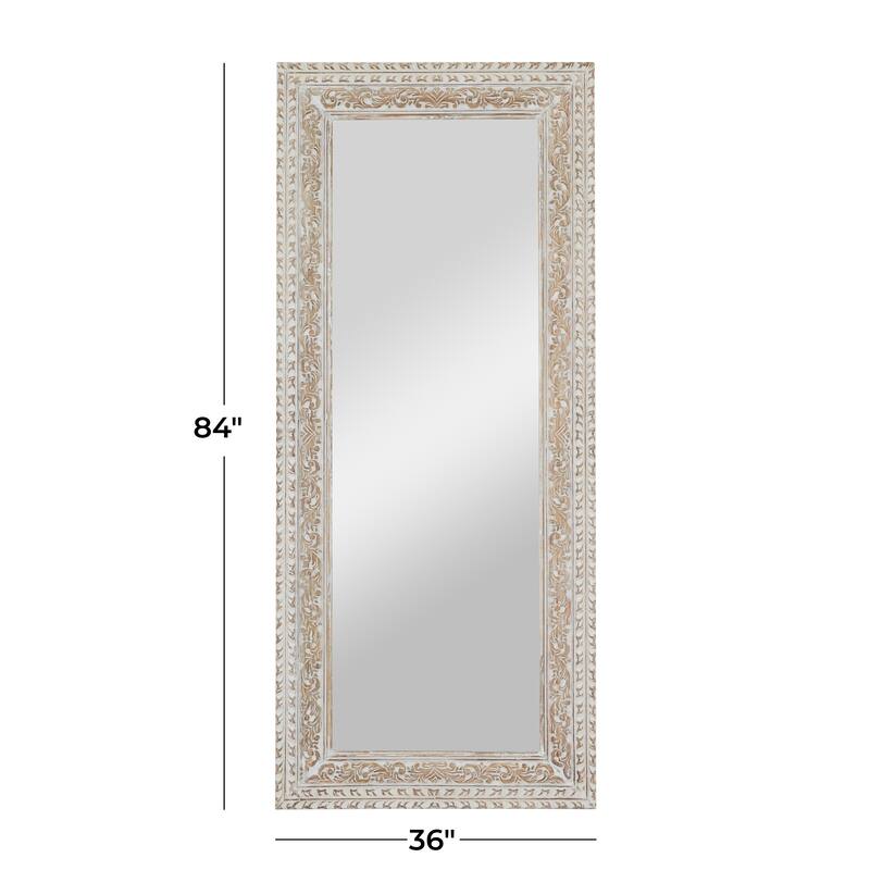 White Mango Wood Vine Scroll Room Wall Mirror with Brown Carved Detail