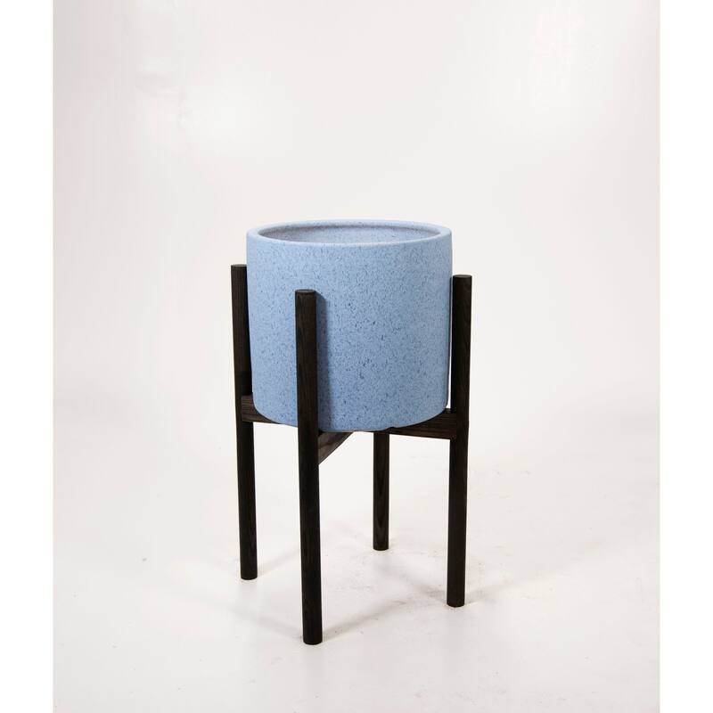 Large Ceramic Pot 10" Sky Blue with Wood Stand - 8' x 10' - Ebony