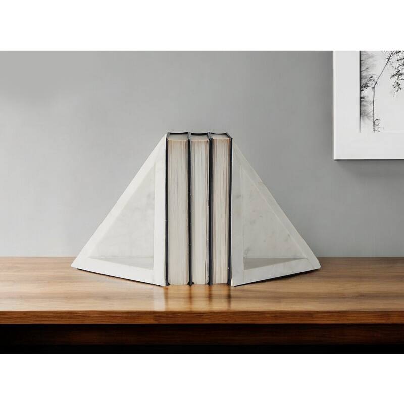 HomeRoots Set of Two White Marble Triangle Decorative Bookends - 7" H x 6" W x 8" D