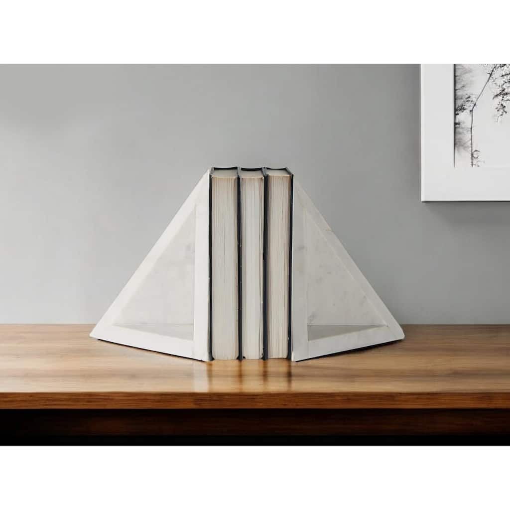 HomeRoots Set of Two White Marble Triangle Decorative Bookends - 7" H x 6" W x 8" D