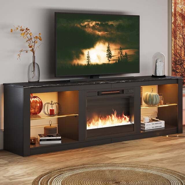 TV Stand for TVs up to 75" with Fireplace, LED Entertainment Center - Black