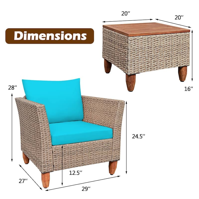 3 Pieces Patio Rattan Furniture Set with Washable Cushion for Yard Porch - 29" x 27" x 28"(L x W x H)