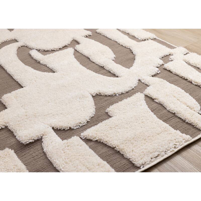 Taupe White Abstract Geometric Shapes Rug